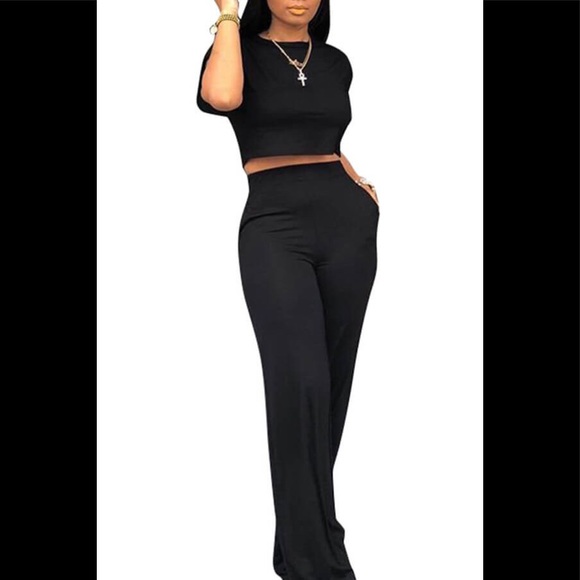 Dress Up Black Short Sleeve Crop Top & Pants W/ Pockets Outfit - Picture 3 of 6
